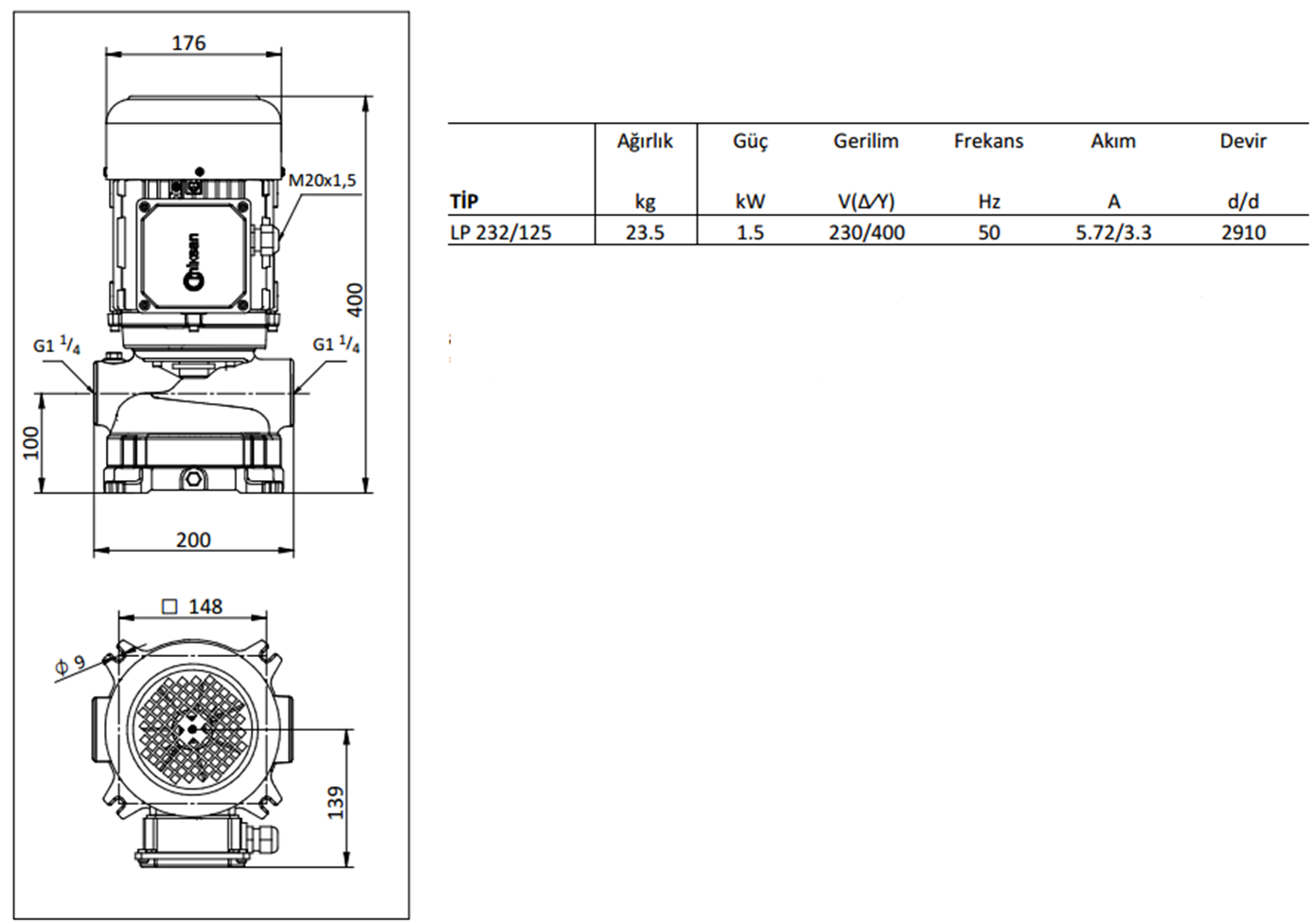 Miksan LP 232/125 1.5 kw 350 L/d 400 volt Trifaze Kendinden Emişli Boryağ Devirdaim Pompası Boyut ve Elektriksel Değerler Tablosu